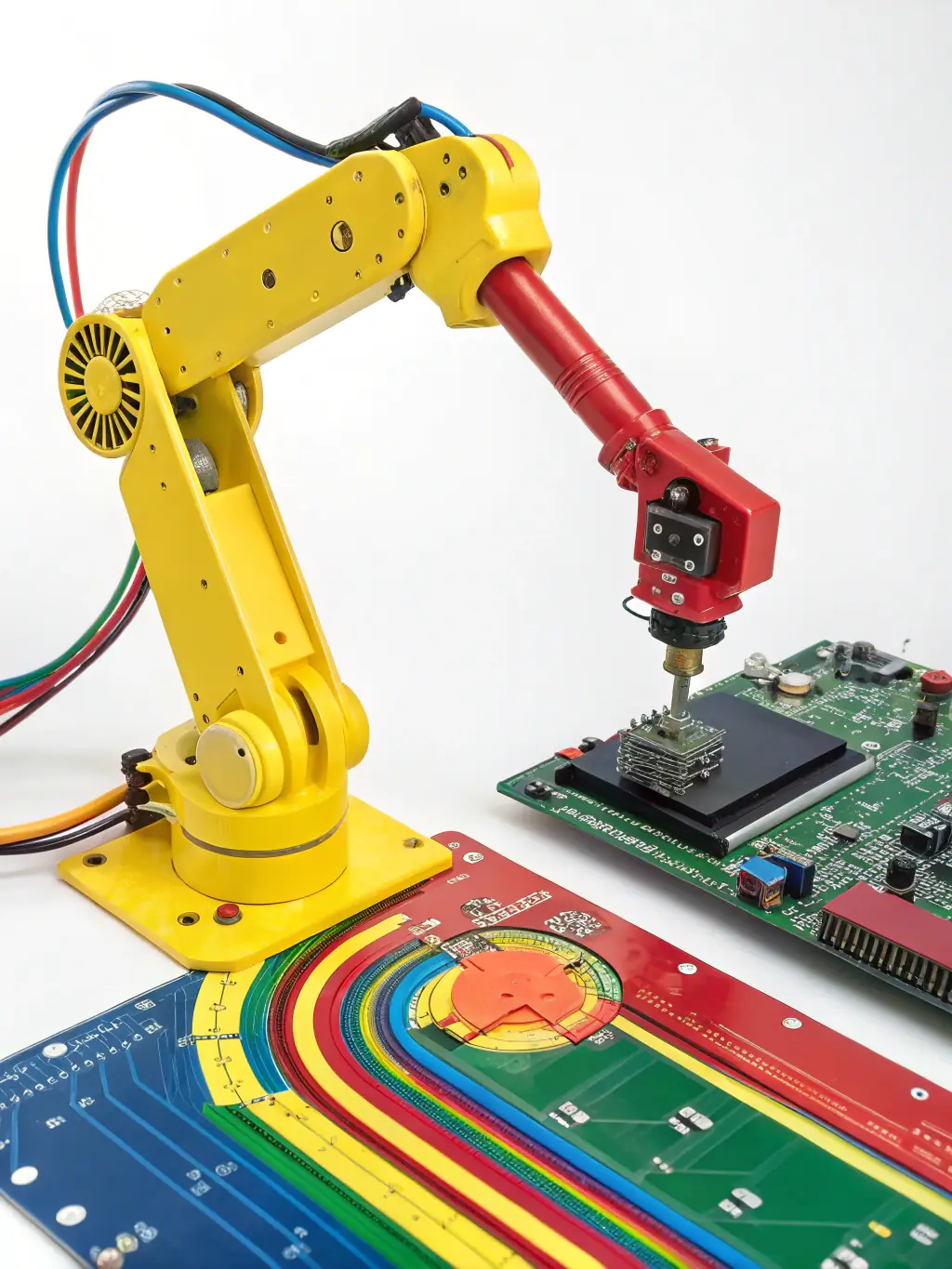 A digital illustration depicting a robotic arm assisting a human hand in assembling a complex circuit board, symbolizing AI's role in enhancing precision and efficiency in manufacturing processes.