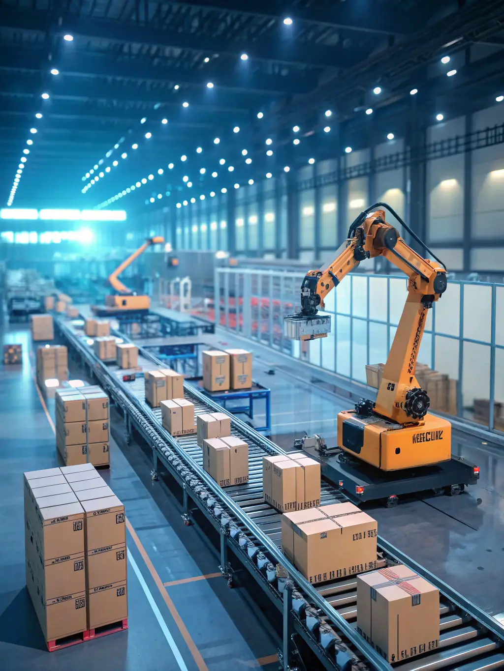 A visual representation of AI algorithms optimizing supply chain logistics, showing trucks, ships, and warehouses connected by intelligent networks.